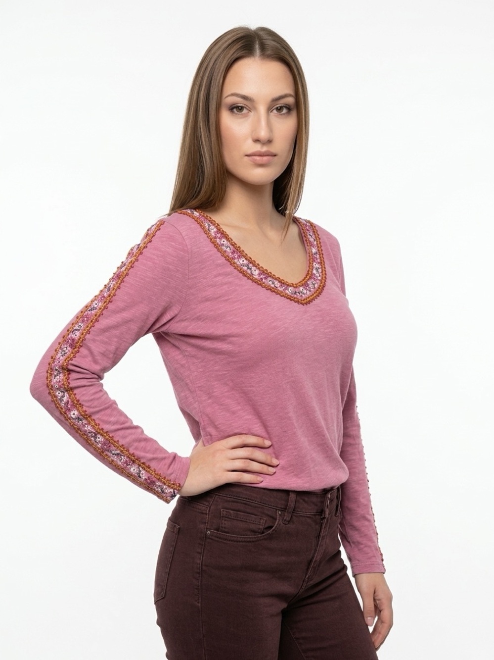 SUNDANCE | Embroidered V-Neck Long Sleeve Top in Rose Pink Women’s Size Small